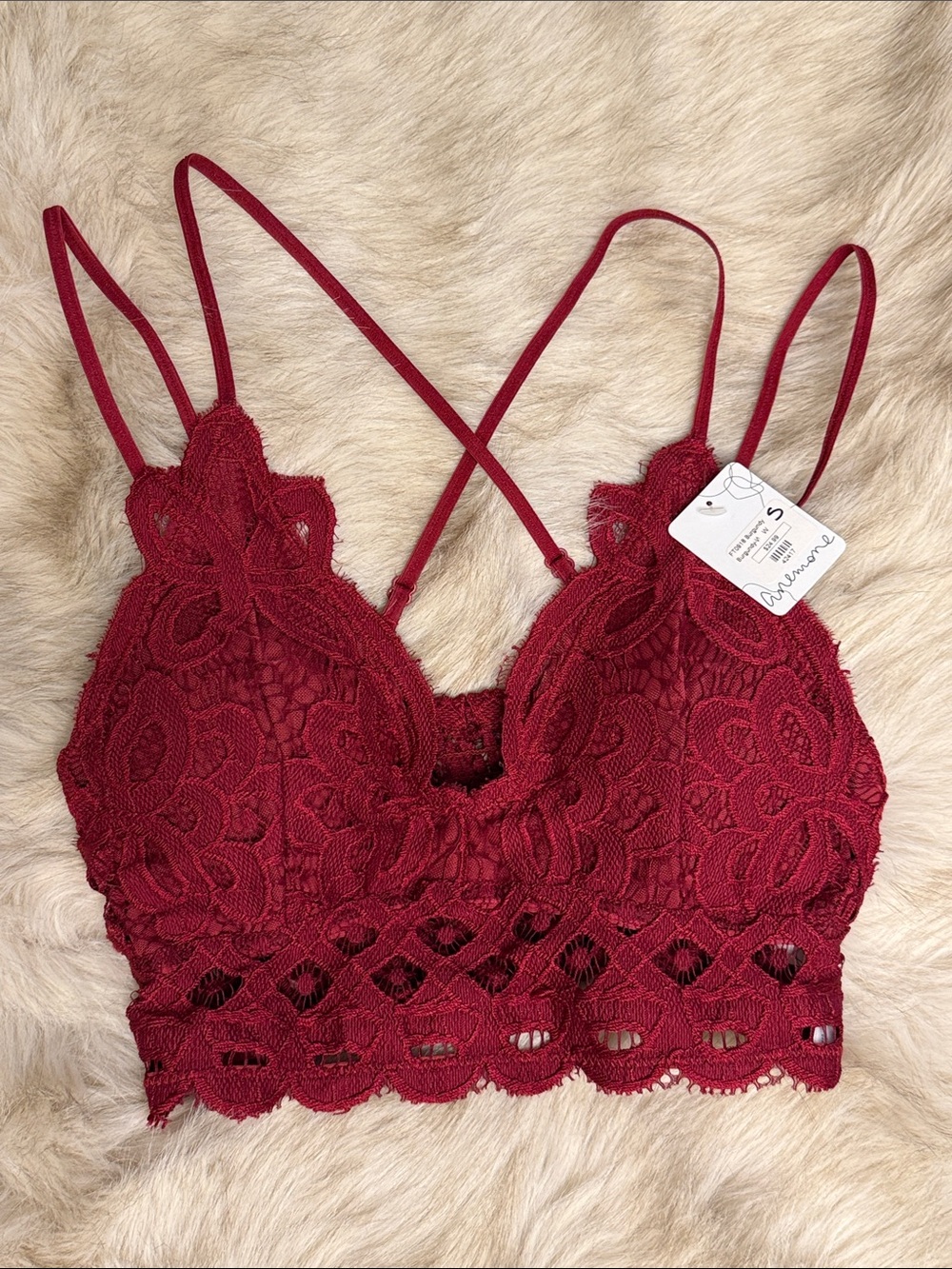 Anemone Scalloped Lace Bralette - Burgundy, Size Small